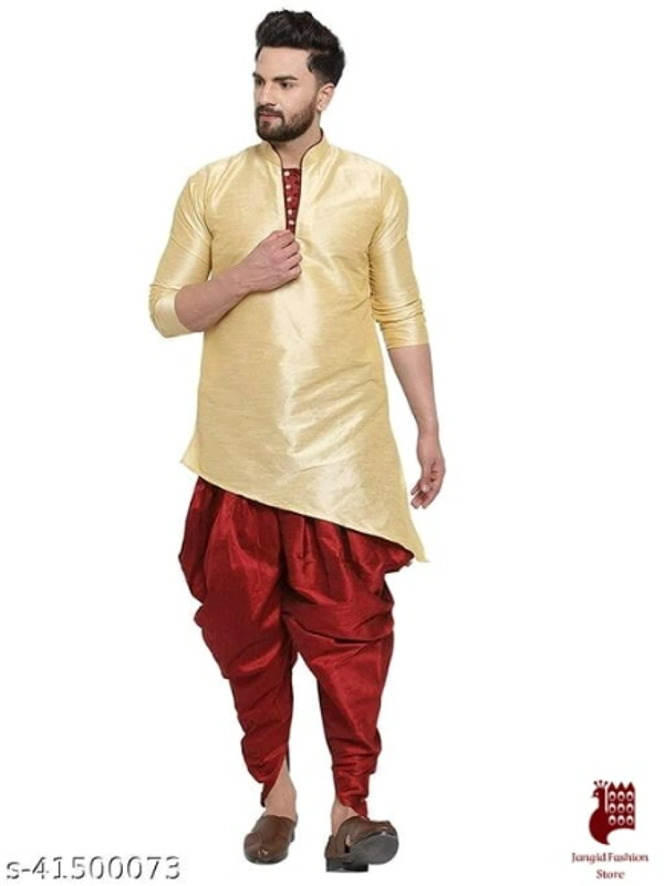 Ethnic Men Kurta Sets - 1, XL, Top Fabric: Silk Blend Bottom Fabric: Silk Blend, CREAM, Stitched, Free
